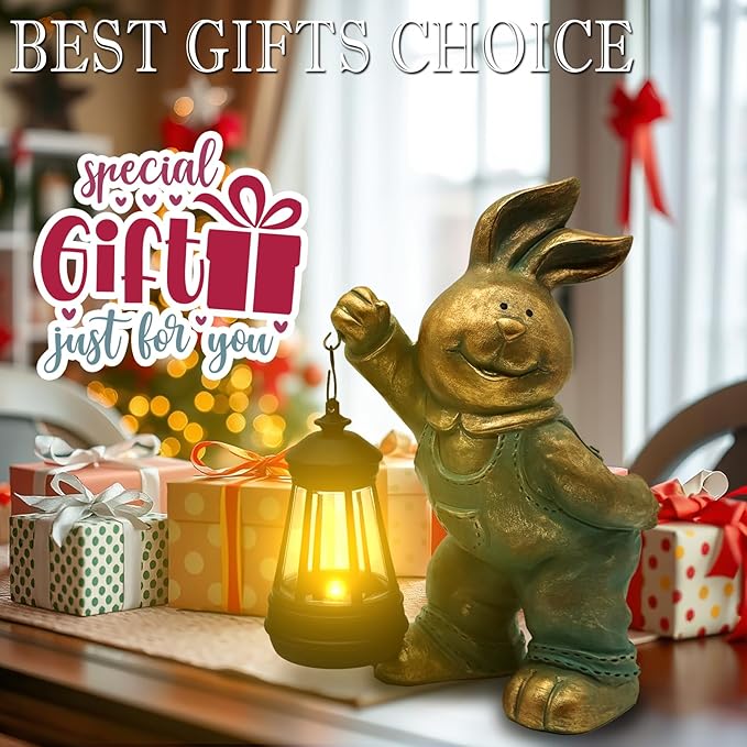 Outdoor Bunny Statue Solar Lantern for Garden Yard Lawn Patio Bronze Rabbit Figurine Decorations Housewarming for Mom Grandma Women