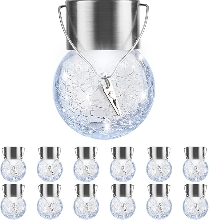 PARTPHONER 12 Pack Hanging Solar Lights Outdoor, Waterproof Solar Globe Lantern with Handle and Clip, Decorative Cracked Glass Ball Lights for Christmas Decor, Tree, Yard, Garden, Patio (Cold White)