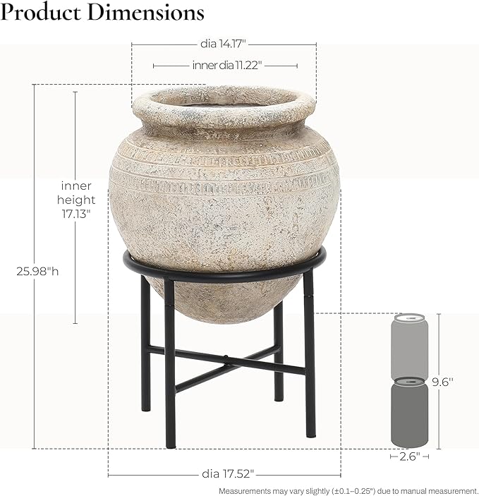 LuxenHome 17.5" Dia Large Planters for Indoor Plants, Indoor Plant Pots with Stand, Distressed Cachepot for Living Rooms, Entryway, Office