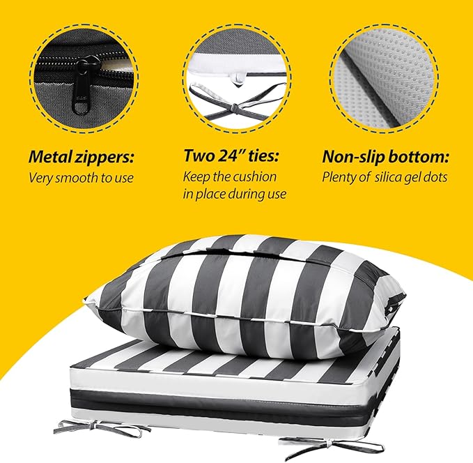 AAAAAcessories Outdoor Seat Cushions for Chairs, Fade-Resistant, Waterproof Patio Furniture Replacement Cushions, 19" x 19" x 3" + 19" x 17", Gray Cabana Stripe