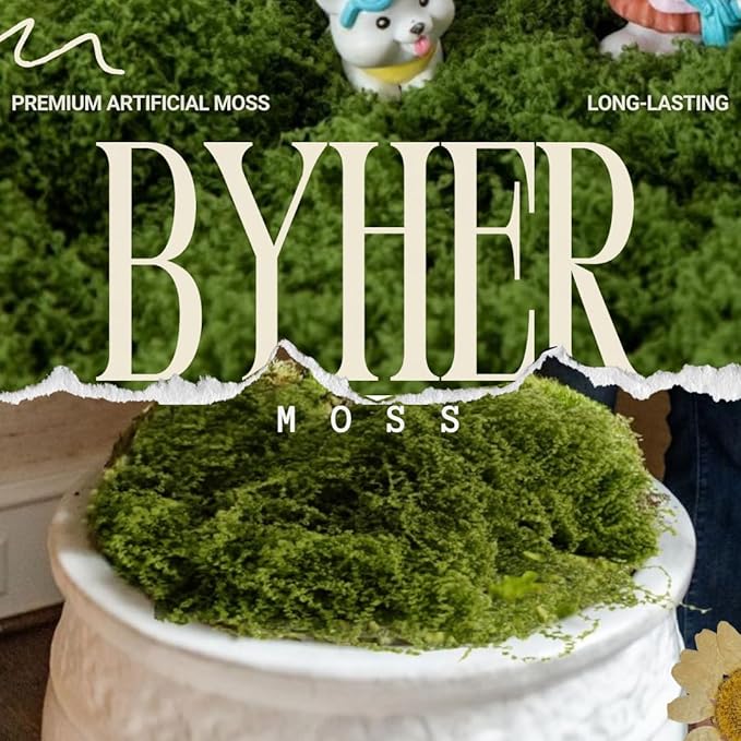 BYHER Fake Moss for Crafts – 3.5OZ Fluffy Cloudlike Artificial Moss for Potted Plant Indoor & Fairy Gardens – Realistic Green Moss Alternative for Terrariums, Dioramas, Model Scenes (Dark Green)