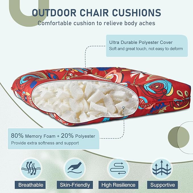 downluxe Outdoor Chair Cushions Set of 2 for Patio Furniture, Waterproof Tufted Overstuffed Patio Furniture Cushions, Thick Outdoor Seat Cushion, 19" X 19" X 5", Sonia Scarlet