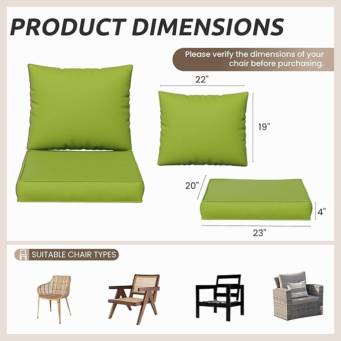 Amopatio Outdoor Chair Cushions 22.5"× 20.3" × 4", Set of 4 with Removable Cover, Waterproof & Fade Resistant seat Cushions for Patio Furniture, Grass Green
