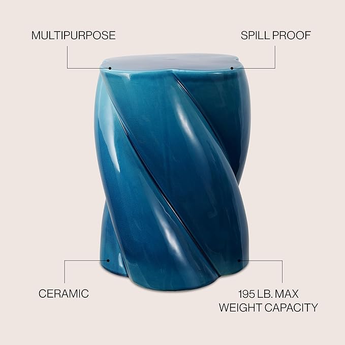 JONATHAN Y TBL1036C Yves 18" Modern Minimalist Rope Twist Ceramic Indoor-Outdoor Garden Stool, Bohemian, Coastal, Cottage, Traditional, Spill-Proof, Living Room, Garden Room, Cracked Blue