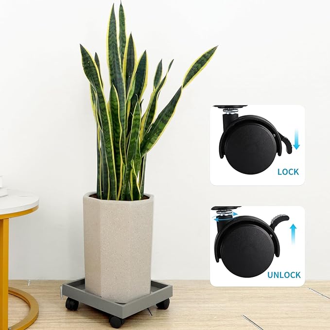 Plant Caddy with Wheels, 11" Square Plant Pallet, Plant Pot Trolley (Grey)