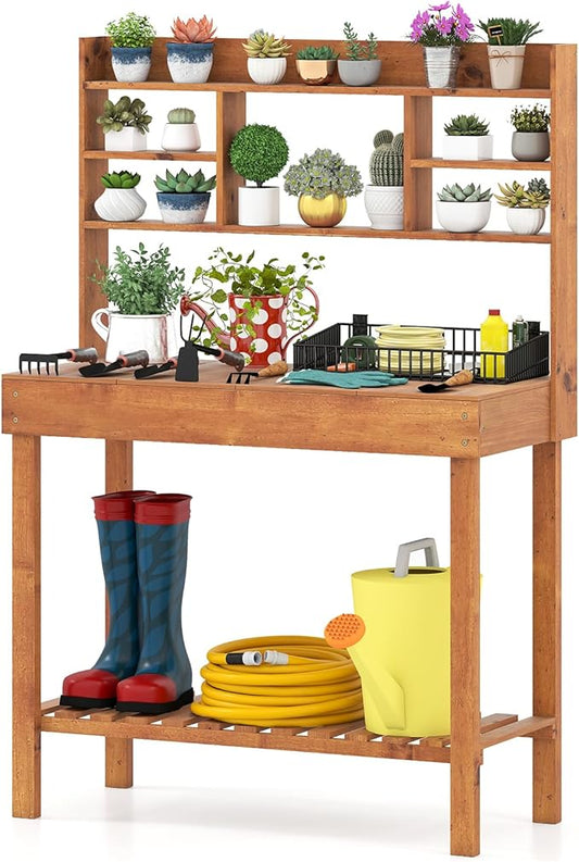 Giantex Potting Bench, Outside Solid Wood Potting Table with Flip-up Tabletop, Shelves, Indoor Outdoor Wooden Workbench for Patio Porch Balcony, Potted Plant Display Rack, 42"x18"x60", Brown