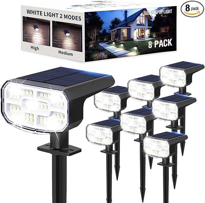 Solar Lights Outdoor Waterproof IP65, Super Bright LED, 6500K 2 Lighting Modes, Solar Powered Yard Garden Solar Spot Lights for Outside Landscape Auto On/Off -8 Pack
