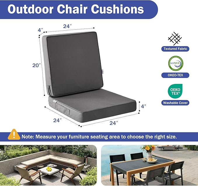 Outdoor Cushions, Outdoor Chair Cushions 24x24x4 Inch, Cushions for Outdoor Furniture with Removable Cover, Waterproof & Fade Resistant Outdoor Seat Cushions for Patio, Lawn, Dark Grey