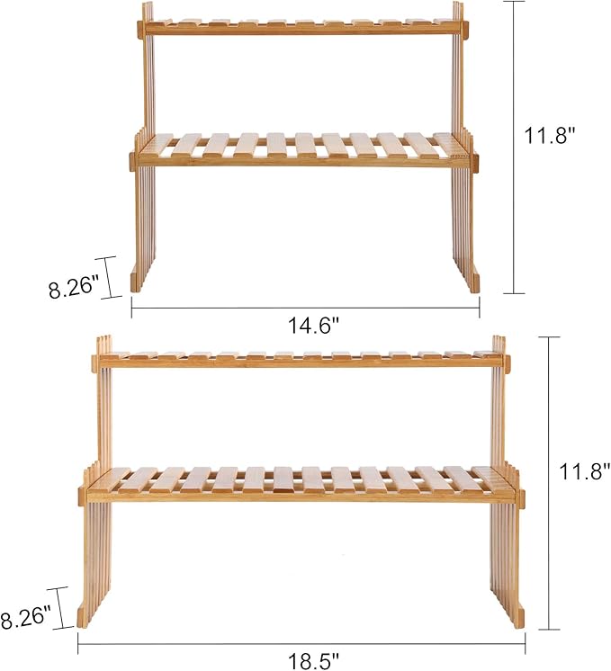 14.6"/18.5" 2 Tiers Bamboo Plant Stand Shelf,Desk Flower Pot Holder,Adjustable Desktop Shelf Display Organizer Ladder Rack for Office Decorate Storage Rack,Kitchen Rack (14.6" Length)