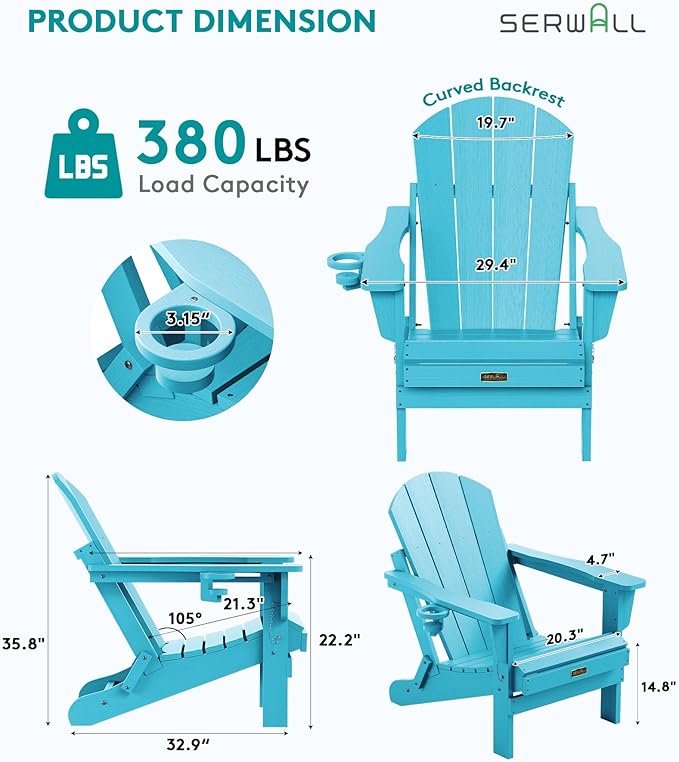 SERWALL Folding Adirondack Chair Weather Resistant Patio Chair Outdoor Chairs Set of 6 Painted Adirondack Chairs - Light Blue