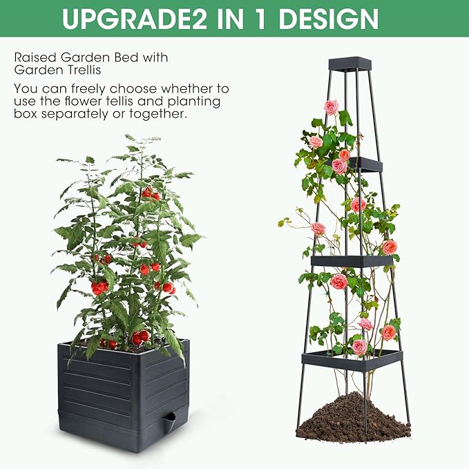 Garden Trellis for Climbing Plants, 57in Raised Garden Bed Planter Box with Trellis, Tomato Cage Planters for Outdoor Plants Climbing Vegetable Vine Flowers Outdoor & Indoor/Self-Watering (1PCS)