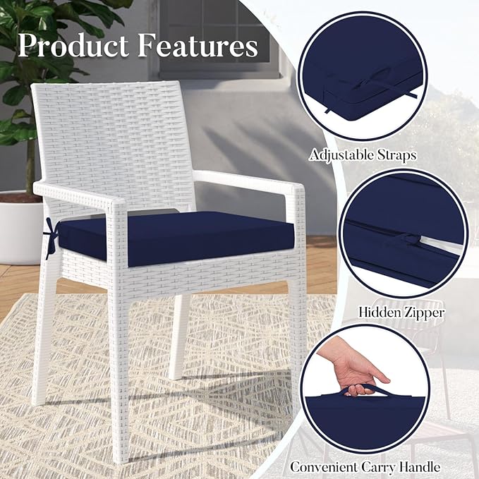 Basic Beyond Outdoor Chair Cushions for Patio Furniture, Waterproof Outdoor Seat Cushions Set of 4 19 x 19, Patio Chair Cushions Set of 4 with Ties and Handle, Navy Blue