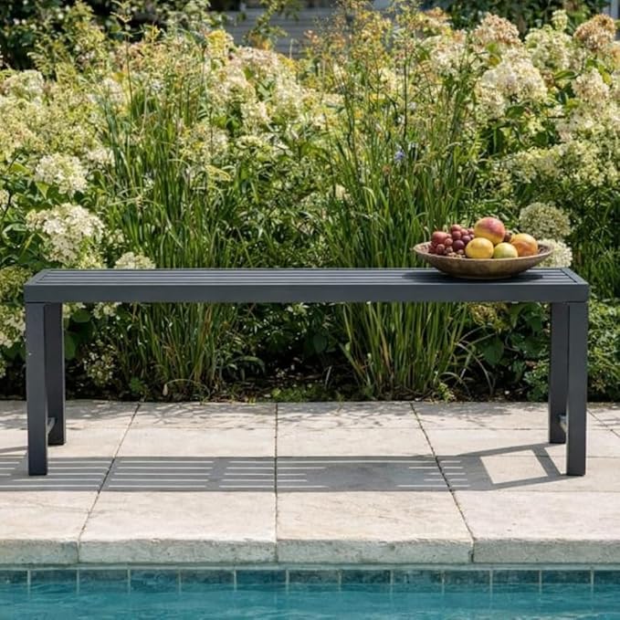 Outdoor Metal Backless Bench Weatherproof Patio Bench with Slatted Seat, All-Weather Garden Bench for Porch, Patio, Lawn and Backyard, Grey