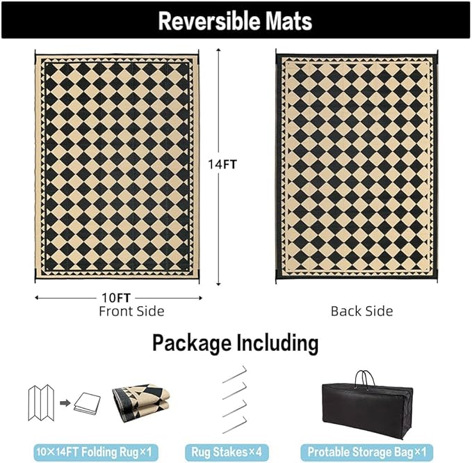 HUGEAR Outdoor Waterproof Rug 10'x14' Plastic Straw Rugs Washable Reversible Floor Mat Beige Plaid Carpet for Camping RV Deck Entryance Porch Picnic Balcony Beach Backyard