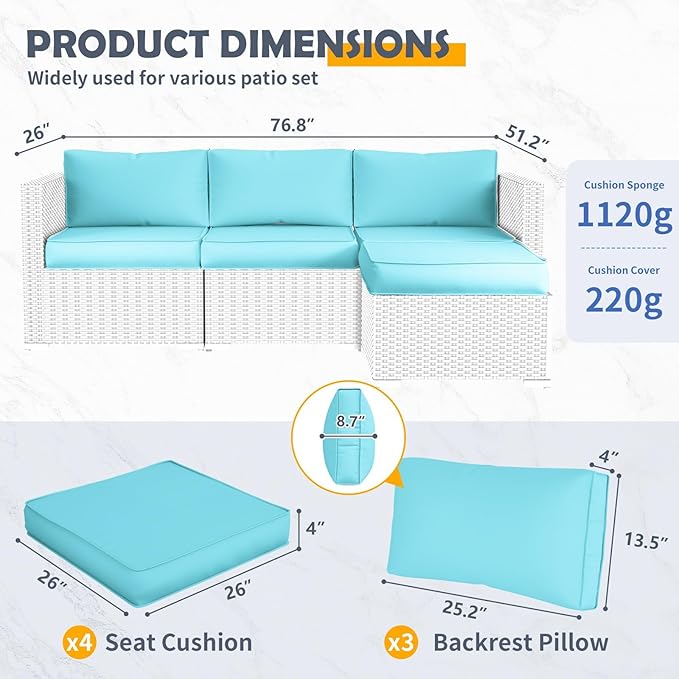 Amopatio Outdoor Replacement Cushions for Patio Furniture Set, 4" Thick High-Density Foam Seat & Back Cushions, Water-Resistant Non-Slip Machine-Washable Patio Covers (Teal)