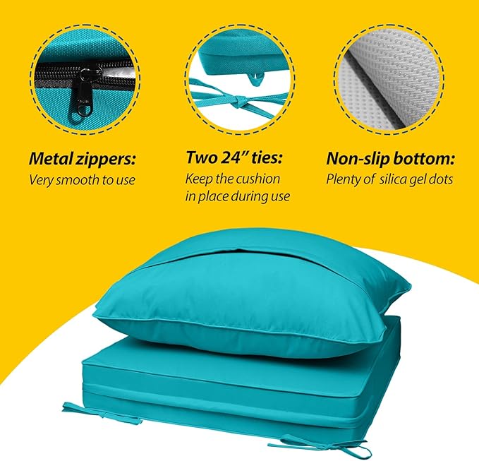 AAAAAcessories Outdoor Seat Cushions for Chairs, Fade-Resistant, Waterproof Patio Furniture Replacement Cushions, 21" x 21" x 3" + 21" x 17", Turquoise Blue