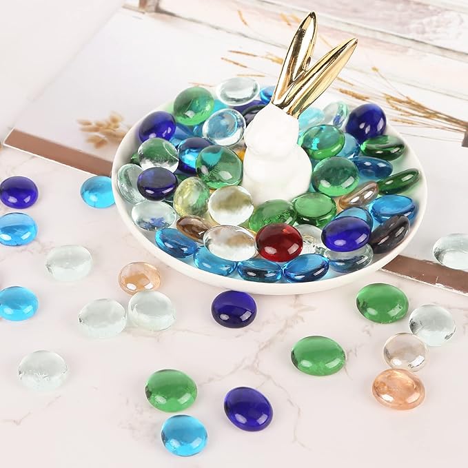 FUTUREPLUSX 1LB Multicolored Flat Glass Marbles, Mixed Glass Beads Vase Filler Mancala Stones Table Scatter Home Decor