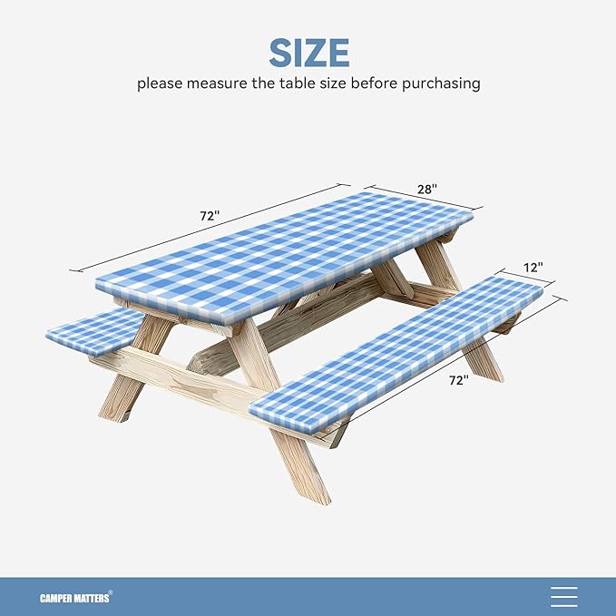 Picnic Table Cover with Bench Covers, Wind Resistance, Water and Oil Proof, Strong Resistance to Fading, for Outdoor and Camping, 72"x 28" Table, 3 Pieces Set, Come with Reusable Plastic Bag