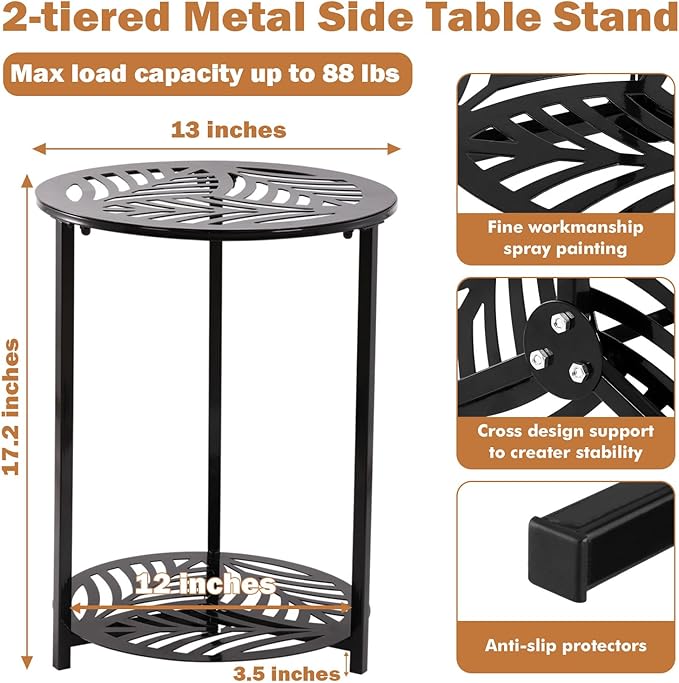 13" Two-tiered Metal Round Side Tables Small Black Outside End Table for Patio Round Accent Garden Corner Stand for Small Spaces Weather-resistant Outdoor Coffee Table for Balcony Porch Plant Stand