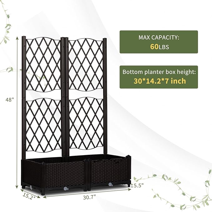 Outvita 31" x 16" x 48" Raised Garden Bed with Trellis ＆ Drainage Holes, Free-Standing Trellis Planter Box, Outdoor Floor Plant Bed for Vine Climbing Plants and Flowers in Garden Patio Balcony(Brown)