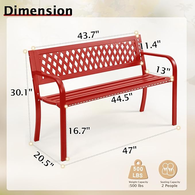 Outvita Outdoor Bench, 47" Iron Steel Frame Garden Bench with Mesh Pattern and Plastic Backrest Armrests, Patio Bench for Garden Park Yard Front Porch Patio, Red