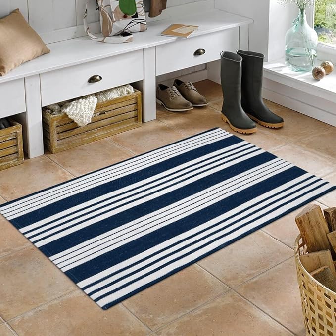 OJIA Outdoor Entryway Rug 24''x51'', Machine Washable Front Door Mats Cotton Woven Blue and White Outdoor Rugs Porch Rug Striped Kitchen Runner Indoor Door Mat for Farmhouse/Entry/Home Entrance