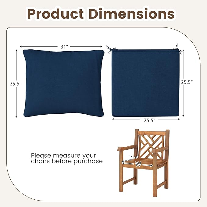 Giantex Patio Cushion Set, Outdoor Chair Seat Pads w/Non-Slip Rope Belts, Detachable Patio Furniture Cushions, Thick Seat Cushion & Back Cushion for Living Room Floor Sofa Patio Garden Chair (Navy)