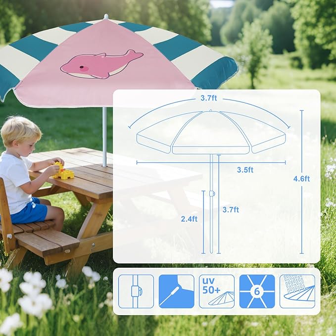 AMMSUN 5ft Seaside Umbrella for Sand Box Water Table - Kids Durable Umbrellas for children Picnic Beach Camping Garden Outdoor Play Shade Pink Dolphin