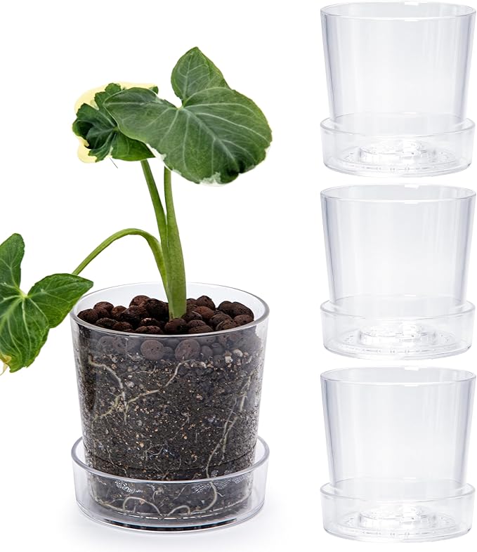Phoenix Vine 4.5 Inch Clear Acrylic Planter Pot with Tray, Orchid Pot with Drainage Holes, Deep Saucer for Bottom Watering, Transparent Containers for Indoor Plants, Herbs, Set of 4, 91-A-E-4