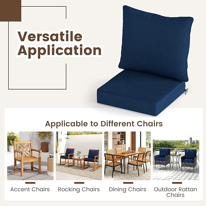 Giantex Patio Cushion Set, Outdoor Chair Seat Pads w/Non-Slip Rope Belts, Detachable Patio Furniture Cushions, Thick Seat Cushion & Back Cushion for Living Room Floor Sofa Patio Garden Chair (Navy)