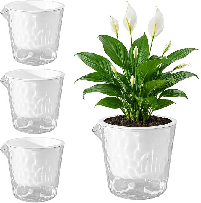 8.5 Inch Self Watering Plant Pots for Indoor Plants 4 Packs African Violet Pot, Self Watering Planters for Herb, Orchid, Devil's Ivy, Flower Houseplant Planters, Clear Plant Pots, White