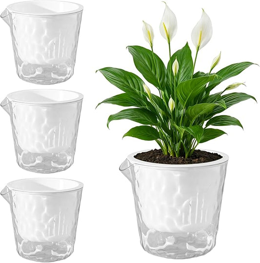 8.5 Inch Self Watering Plant Pots for Indoor Plants 4 Packs African Violet Pot, Self Watering Planters for Herb, Orchid, Devil's Ivy, Flower Houseplant Planters, Clear Plant Pots, White