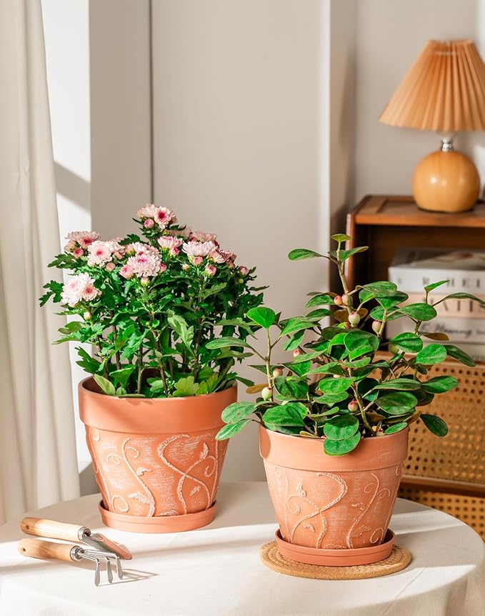 Melphoe Plant Pots Indoor with Drainage & Saucer, 2Pack 7/8 inch Flower Pots Outdoor Planters for Indoor Plants Garden Home Decor Cactus Succulent, Rigid Plastic (Imitation-Terracotta) Vine-Embossed