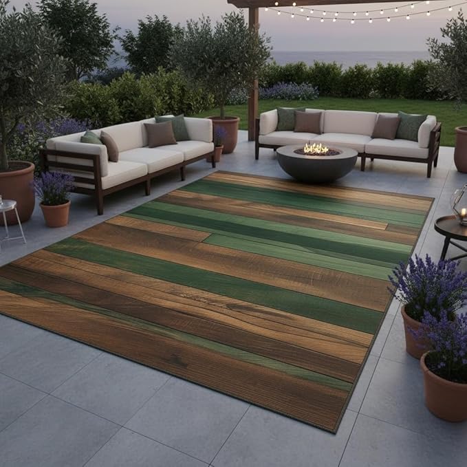 Waterproof Wood Grain Outdoor Rug 10x14 Green Brown Stripes Wooden Board Print Outdoor Area Rugs for Backyard Balcony Porch Patio Deck Washable Non Slip Farmhouse Indoor Outdoor Carpet Floor Mat