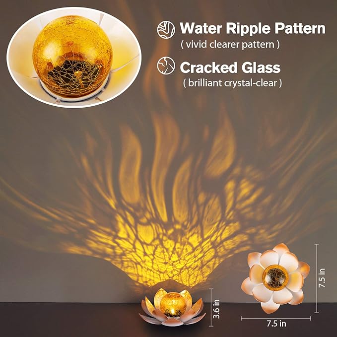 Garden Solar Lights Outdoor(2Pack), Amber Crackle Globe Glass Lotus Decoration, Waterproof Orange Metal LED Flower Lights for Patio,Lawn,Walkway,Tabletop,Ground, Garden Gifts for Women