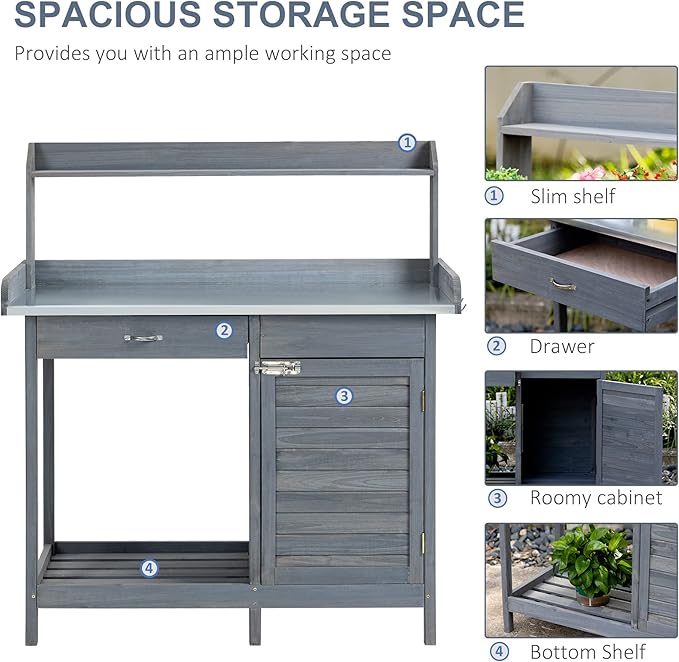 Outsunny Outdoor Potting Bench Table, Garden Work Station with Storage Cabinet, Open Shelf and Steel Tabletop, Gray