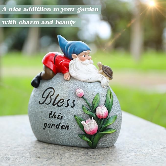 Garden Stones Statues Outdoor Decor, Novelty Gnome Garden Sculptures Stones Statue with Flower and Turtle Figurine Decoration for Patio Yard Porch Art Home Decor