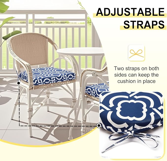 downluxe Outdoor Chair Cushions Set of 4 for Patio Furniture, Water-Resistant Patio Chair Cushions with Ties, High Density Foam Outdoor Seat Cushion, 17" X 16" X 2", Circular Geometry