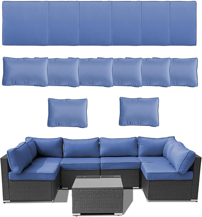 14Piece Outdoor Sofa Cushion Replacement, Patio Furniture Waterproof Cushion with Zippers, fit 6-Seat Outdoor Wicker Rattan Sectional Couch (Blue, 24.8"x24.8"x3.15")