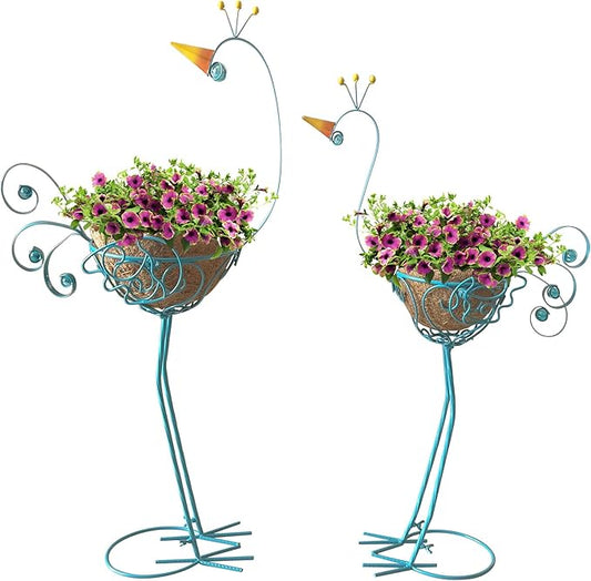 J-Fly Peacock Metal Plant Stand 2 Sets Flower Pots Holders, Planters for Outdoor Indoor Plants with Coconut Pots, Front Porch Garden Balcony Patio Decor for Plant, Valentine Decoration Gifts