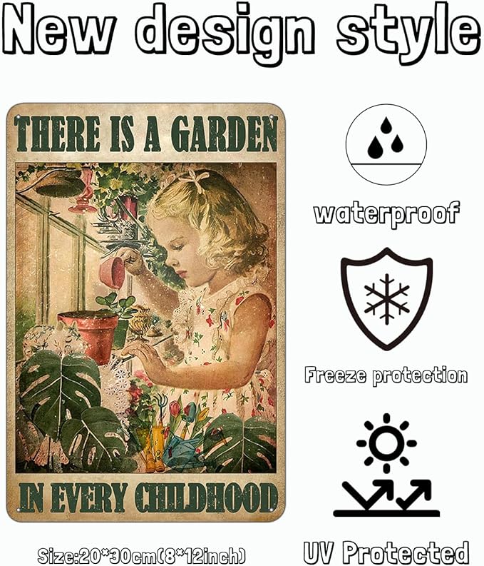 Vintage Garden Sign, There Is A Garden In Every Childhood Metal Signs, Retro Backyard Fence Poster, Vintage Yard Gardening Decor Outdoor, Gardening Gift for Woman, Grandma 8 * 12"
