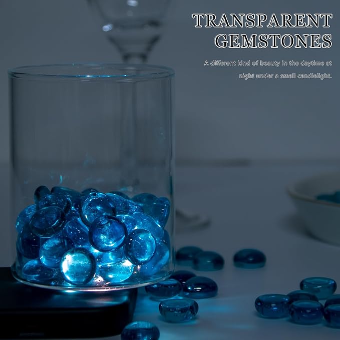 50PCS Mini Glass Gems,Sea Blue Mancala Stones Flat Bottom Marble Beads for Home Decorative Art Craft Vase Filler(0.5"~0.7")
