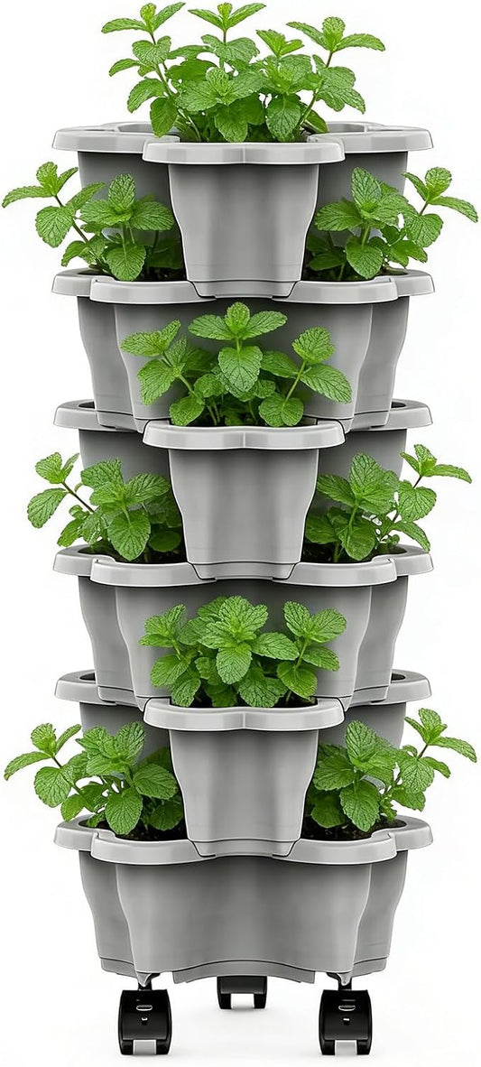 Stackable Plant Tower, Vertical Garden Pot, 9.84x3.94 Inch Tier Design with Drainage, Weatherproof Tiered Strawberry Planter, Space Saving with Wheels, Outdoor Container for Yard Patio and Lawn
