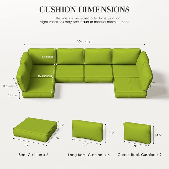 Outdoor Replacement Cushions for Patio Furniture, 5" Foam High-Density, 14-Piece Water-Resistant Outdoor Cushion for 6-Seat Sectional Patio Conversation Sets, Liner&Cover