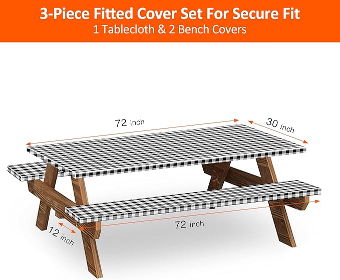 KENOBEE 6ft Picnic Table and Bench Cover, Camping Essentials RV Gear, 72in Waterproof Windproof Outdoor Elastic All Around Tablecloth, Fitted Rectangle Tables and Seats, Black-White Checkered
