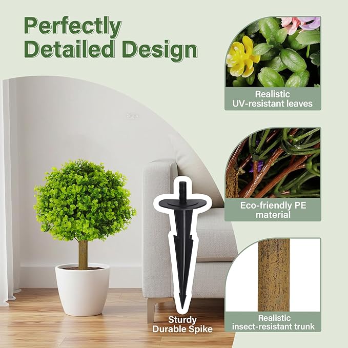 Set of 2 Artificial Boxwood Topiary Ball Bush for Outdoor with Spike,UV Resistant Faux Boxwood Ball Tree with Stake,Weatherproof Fake Round Topiary Shrub Plant for Front Porch Planter