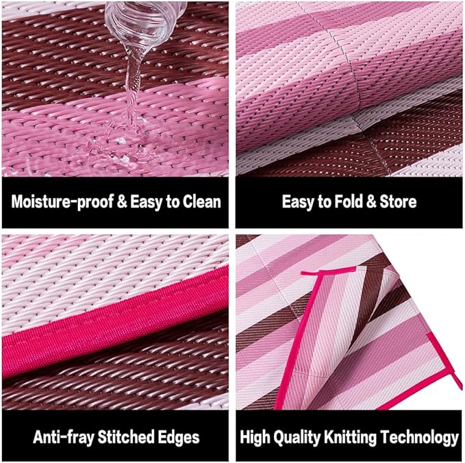 HUGEAR Outdoor Waterproof Rug 6'x9' Plastic Straw Rugs Washable Reversible Floor Mat Pink Stripe Carpet for Camping RV Deck Entryance Porch Picnic Balcony Beach Backyard