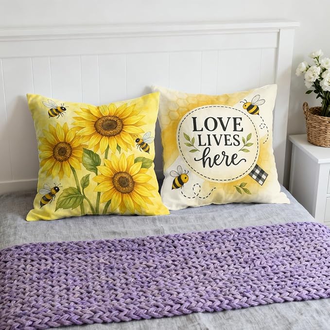 Sunflower Pillow Covers 18x18 inch Set of 4, Yellow Bee Honeycomb Love Home Throw Pillows Cover Sofa Couch Pillow Cases for Farmhouse Indoor Home Decor Decorations