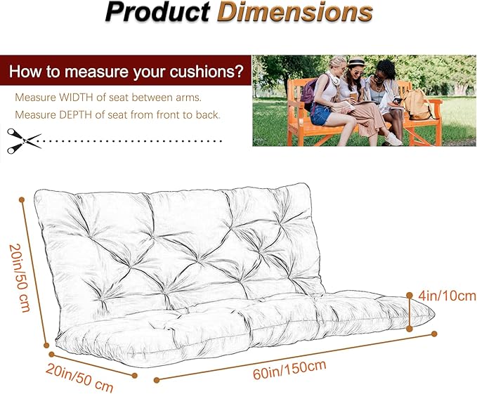 2-3 Seat Swing Replacement Cushion, Outdoor Bench Cushions with Backrest Thicken 4", Patio Furniture Garden Porch Loveseat Glider Pad Anti-Fading Waterproof (Red, 40x60in)