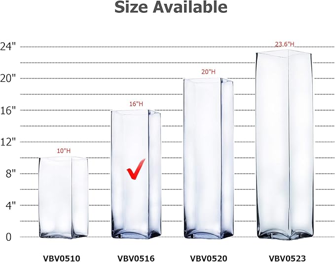 WGV Tall Square Vase Glass Block, Length 5", Height 16", Clear Large Floral Plant Container, Fish Tank, Planter Terrarium for Wedding Party Event, Home Office Decor, 1 Piece